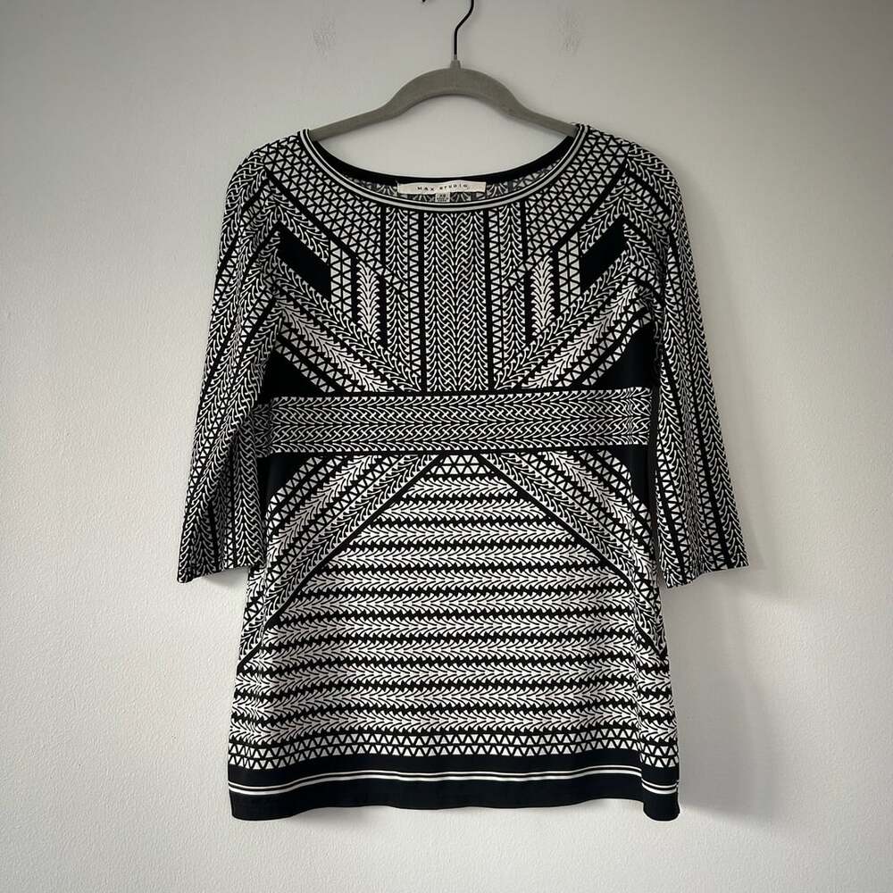 Max Studio Tunic Size XS Black White Geometric Print 3/4 Sleeve Top